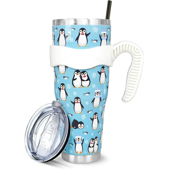 Penguin 40 Oz Tumbler with Handle and Straw, Cute Penguin Large Big Stainless Steel Vacuum Insulated Tumbler Iced Coffee Cup Water Bottle Travel Mug, Penguin Gifts for Women Decor Stuff Blue