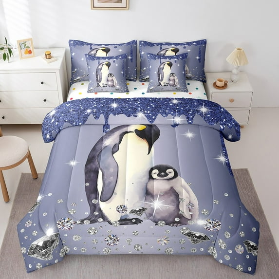 Penguin 7 Piece Comforter Set Full Bed in a Bag,Blue Sequin Fluid Art Bedding Set,Crystal Diamond Comforter and Sheet Set Australian Animals Bed Set,Polar Coastal Creature Bird Room Decor