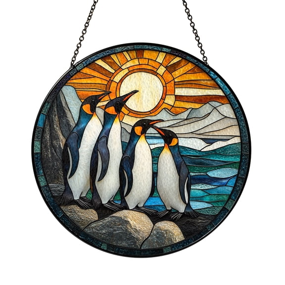 Penguin Arctic Scene Stained Glass Style Suncatcher, Winter Ocean Window Decor, Animal Decorative Art Panel for Living Room