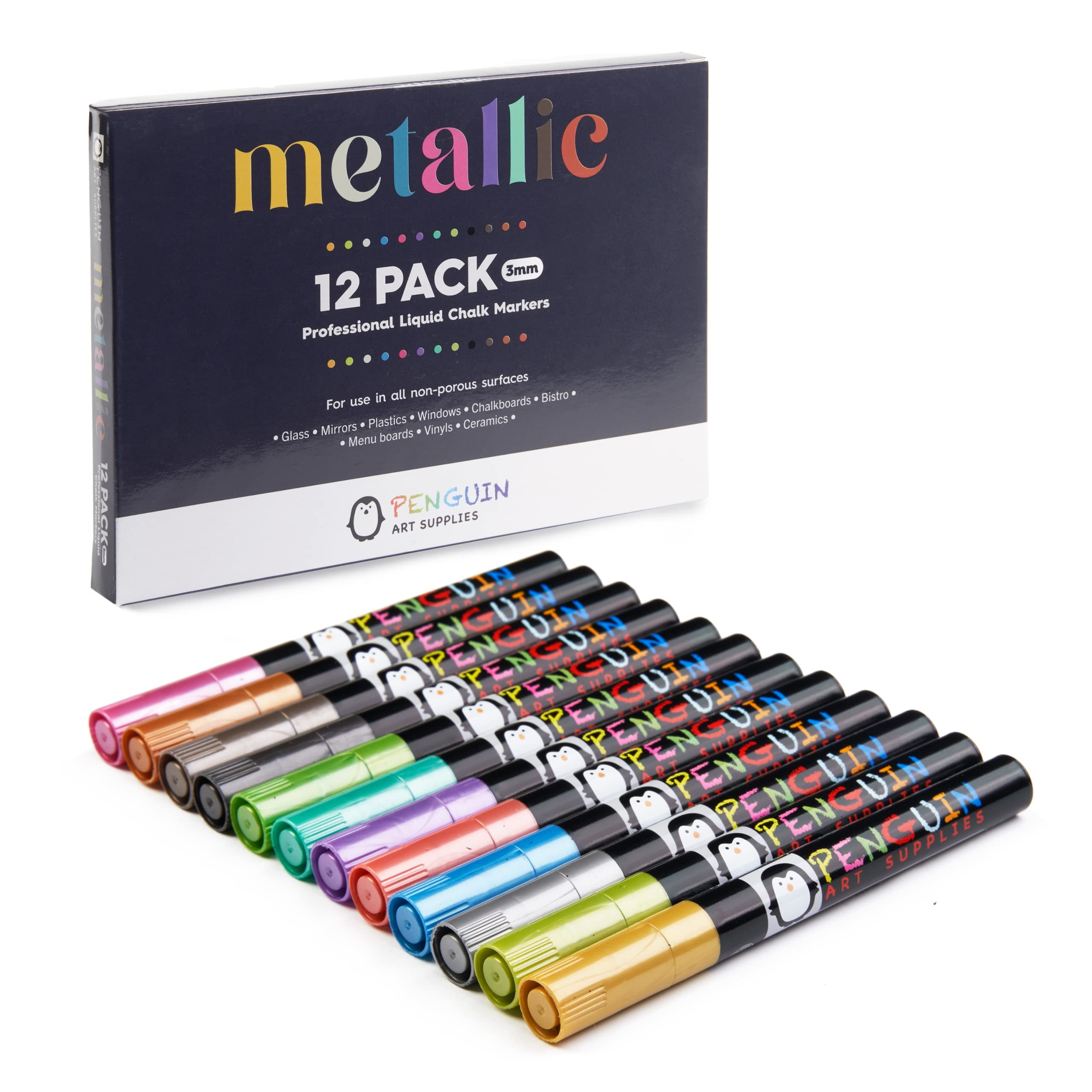 Penguin Art Supplies Liquid Chalk Markers - Set of 12 Metallic Colors