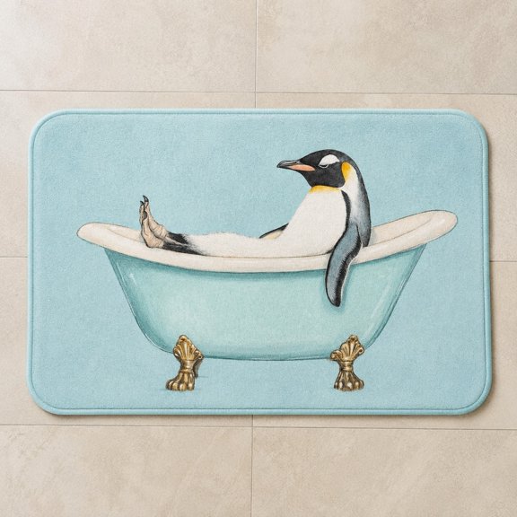 Penguin Bath Doormat, Printable Mat Fabric with Non-Slip Backing, 2 Sizes