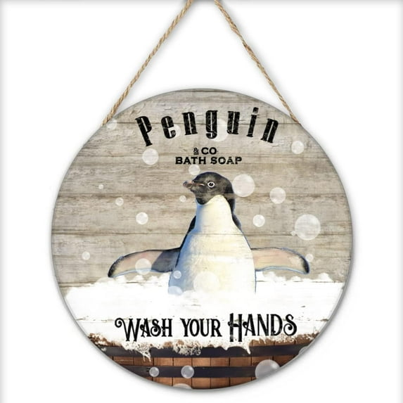 Penguin Bath Soap Vintage Round Wooden Sign Wash Your Hands Retro Sign Home Livingroom Bathroom Decor Funny Bathroom Decor Housewarming Gift 12x12 Inches.jpg