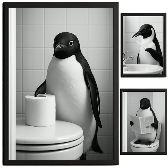 Penguin Bathroom Decor, Wall Art, Farmhouse Photo Picture Set, 3pk, 8.5x11, TheNameStore