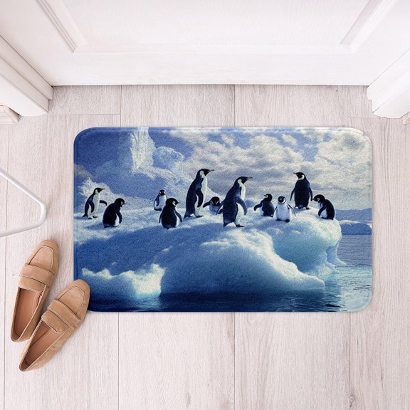 Penguin Bathroom Rug 16" x 24" Glacier Snow Bath Mat Cloud Blue Sky Wildlife Doormat Antarctica Sea Landscape