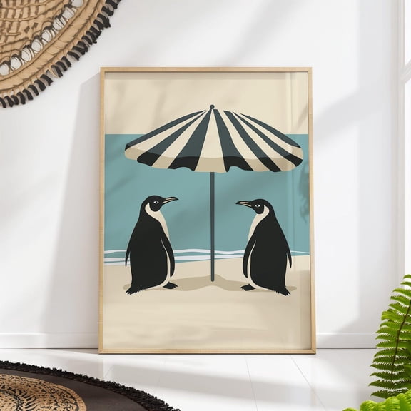 Penguin Beach Art Whimsical Animal Retro Summer Wall Decor Unframed Paper Print