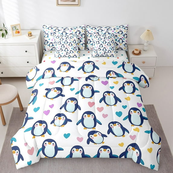 Penguin Bed in a Bag Queen Comforter Set 7 Piece Cute Birds Sheet Set with Comforter,Polar Animal Bedding Sets,Coastal Creature Bed Set Rainbow Love Hearts Kawaii Room Decor