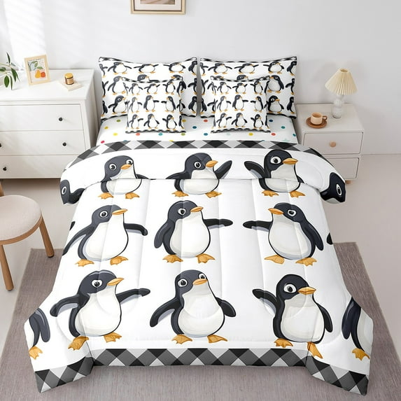 Penguin Bed in a Bag Queen Comforter Set 7 Piece Polar Animal Bedding Sets,Cute Birds Sheet Set with Comforter Coastal Creature Bed Set,Black and White Kawaii Room Decor