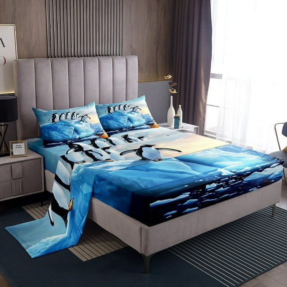 Penguin Bed Sheet Set Teens Adults,Cute Antarctic Animals Fitted Sheet Twin,3D Ice Layer Bedding Sheet Set with Deep Pocket for Bedroom Living Room