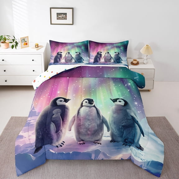 Penguin Bedding Set,Watercolor Polar Lights Down Comforter Teens Birds Wildlife Animals Queen Comforter Set,Snow Mountain Duvet Insert
