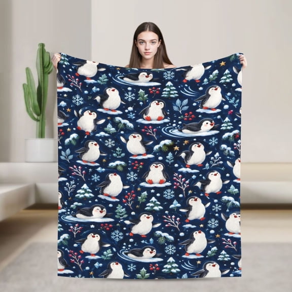 Penguin Blanket Winter Snowflake Flannel Throw Blanket Gift for Penguin Lovers Kids 50x40 in
