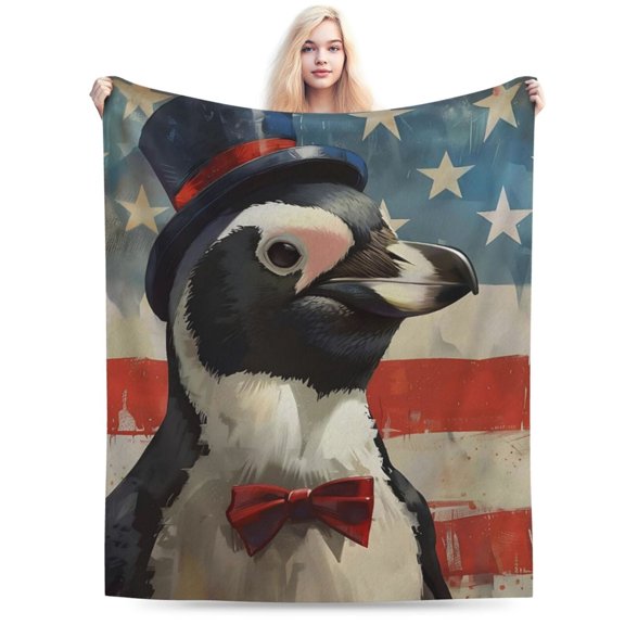Penguin Blanket for Women - Flannel American Flag Throw for Sofa 60x50