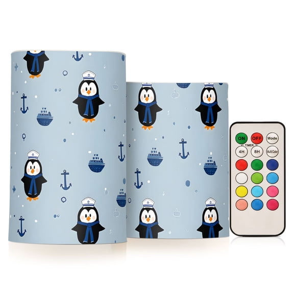 Penguin Boat Anchor Flickering Flameless Candles Battery Operated with Remote Timer LED Pillar Candles Set of 2