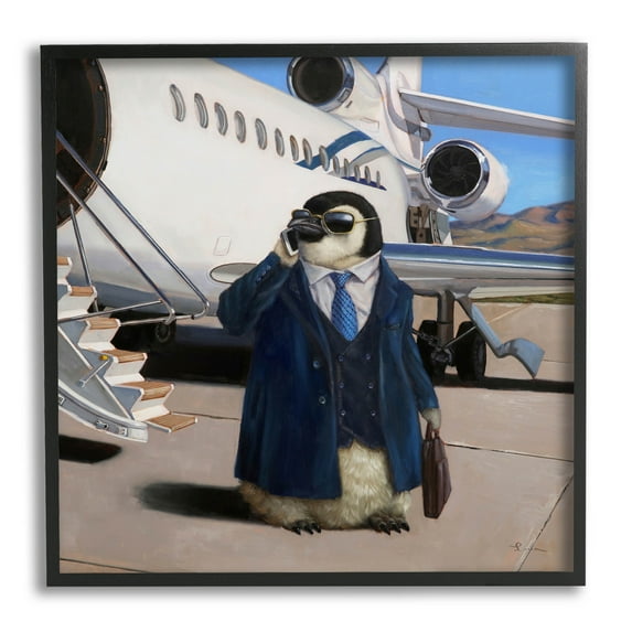 Penguin Businessman Suit Airplane Animals & Insects Painting Black Framed Art Print Wall Art