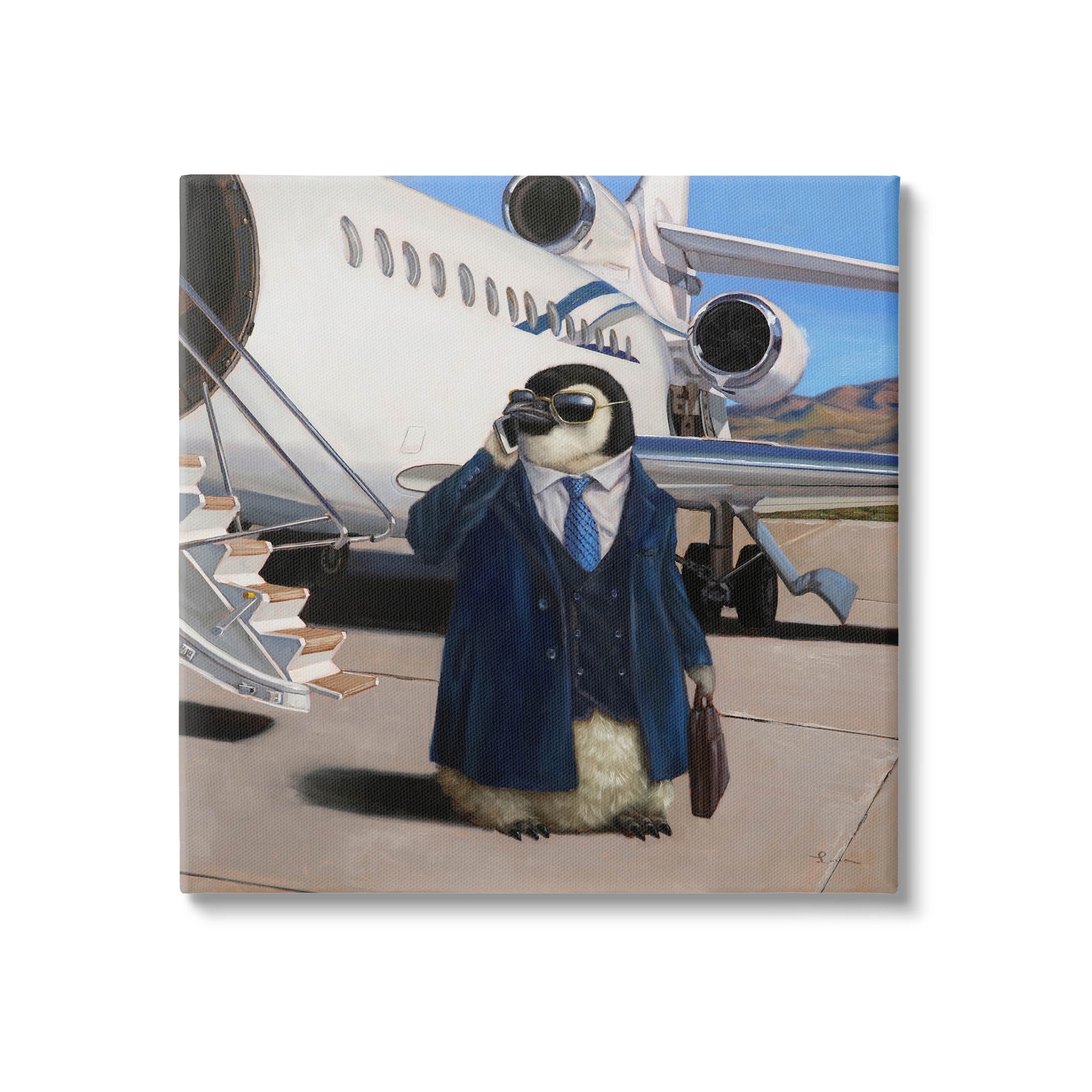 Penguin Businessman Suit Airplane Animals & Insects Painting Gallery Wrapped Canvas Print Wall Art