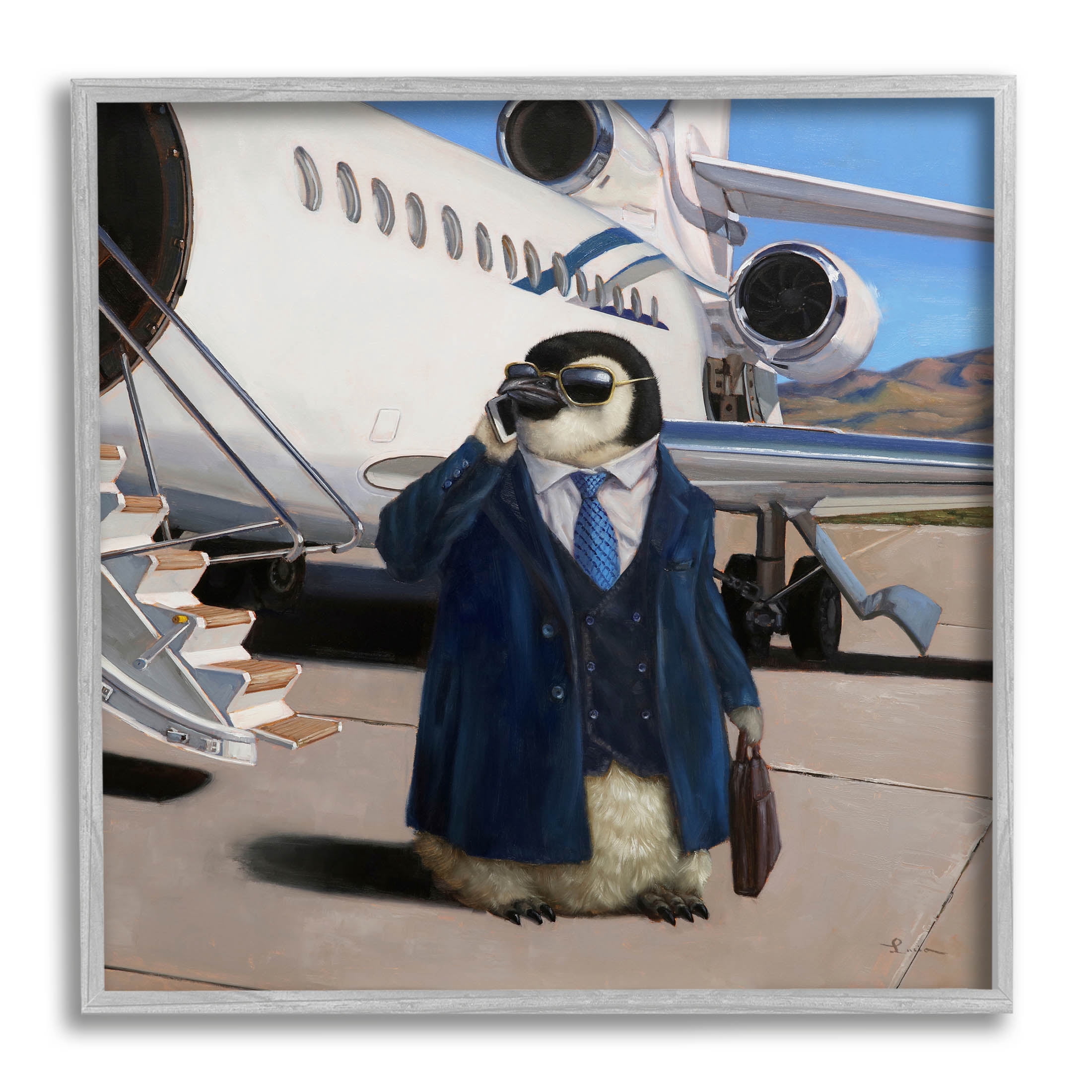 Penguin Businessman Suit Airplane Animals & Insects Painting Gray Framed Art Print Wall Art