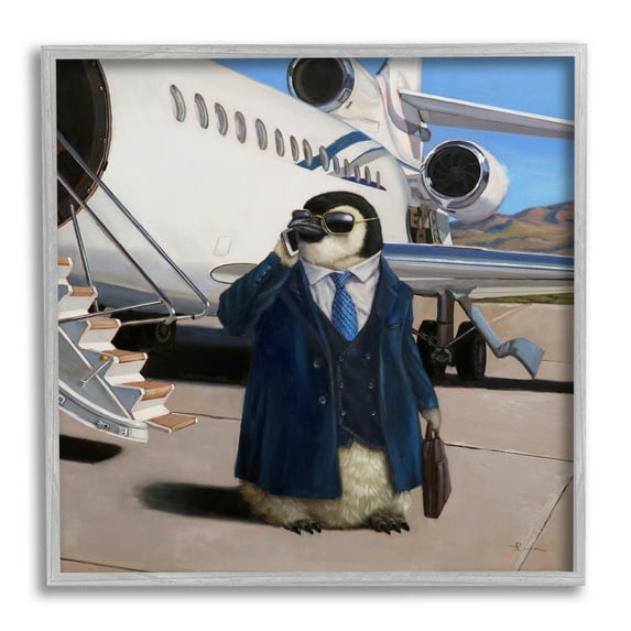 Penguin Businessman Suit Airplane Animals & Insects Painting Gray Framed Art Print Wall Art