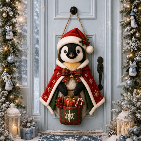 Penguin Christmas Door Sign, Welcome Entryway Hanging for Holiday Home