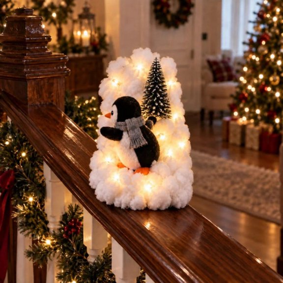 Penguin Christmas Stair Snow Decor, Flocked Penguin Christmas Ornament with Warm White LED Lights and Snow Mound, Gray Scarf Staircase Mantel Decor, Living Room Winter Piece