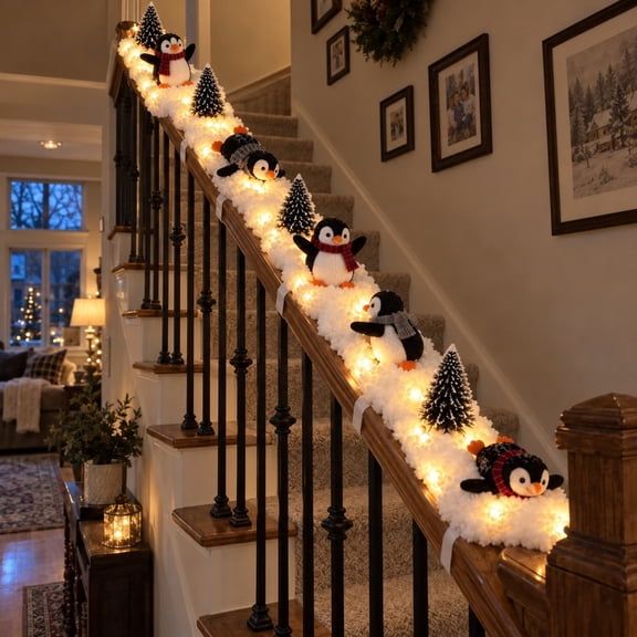 Penguin Christmas Stair Snow Decor, Glowing Fabric Snow Stair Railing Decoration with Plush Penguin, Tree & Warm LED Light, With Attachment Strap, Reusable Winter Holiday Mantel Banister Display Prop