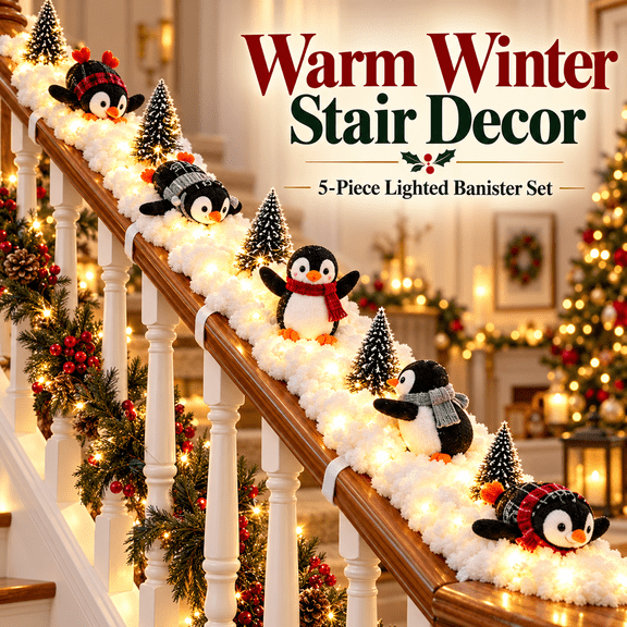 Penguin Christmas Stair Snow Decor, Indoor Lighted Banister Decorations, 5-Piece Winter Penguin Staircase Display with Warm Glow for Railing, Landing, Hallway Holiday Decoration