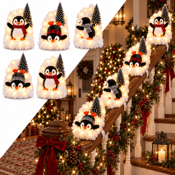 Penguin Christmas Stair Snow Decor, Lighted Holiday Penguin with Snowy Tree and Warm White Lights, Festive Tabletop Decor for Mantel, Belly-Slide Penguin