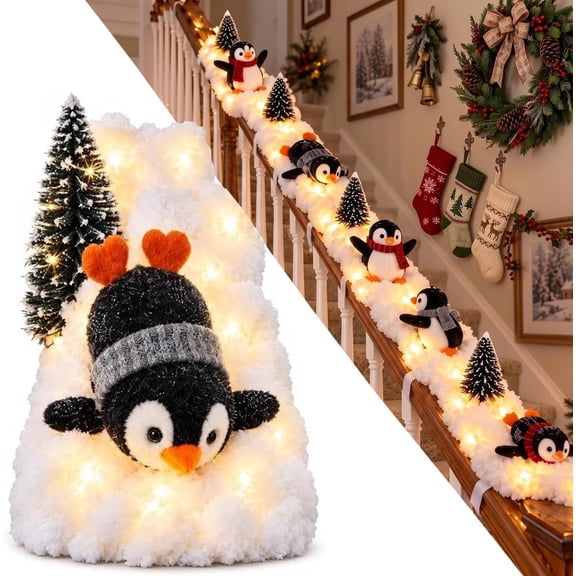Penguin Christmas Stair Snow Decor,Skiing Penguin Xmas Stairs Figurines, Lighted Christmas Stair Garland with Mini Snow Tree,Winter Stairs Railing Decor for Holiday Decoration #A