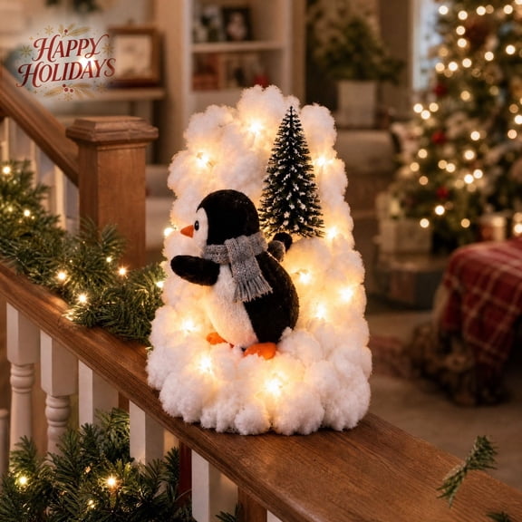 Penguin Christmas Stair Snow Decor, Warm LED Light Up Xmas Handrail Ornament, Indoor Home Winter Holiday Xmas Railing Decoration for Staircase Banister Party & Festive Scene Display