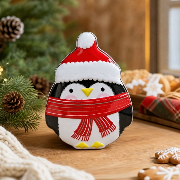 Penguin Christmas Tin Storage Box Holiday Container for Treat and Cookie Holding