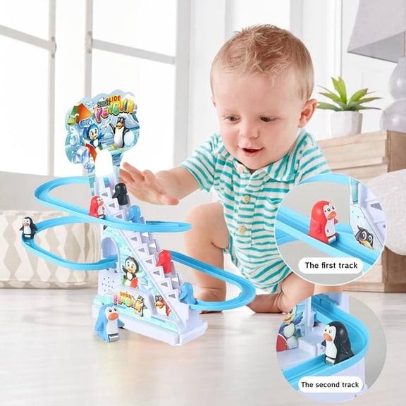 Penguin Climbing Stairs Toy, Battery Operated Race Track Slide Set with DIY Building Blocks for Ki-ds 3-5, Educational Gift for B-oys Gi-rls