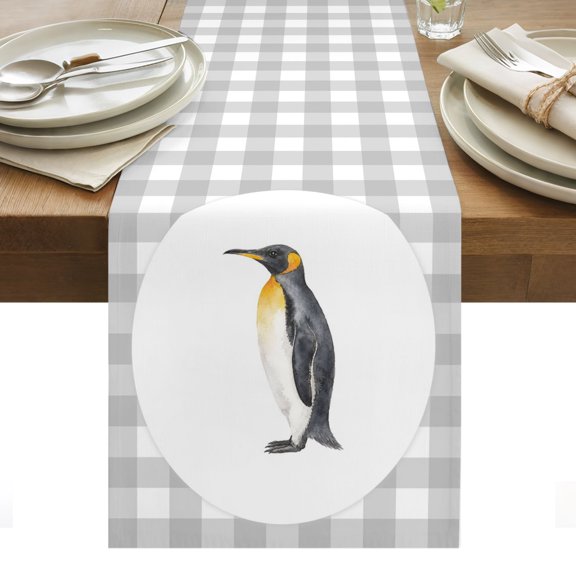 Penguin Cotton Linen Table Runner Gray Plaid Modern Funny Animal Dining Table Runners for Home Decor Party Dining Room Restaurant Kitchen Party 13" x 36"