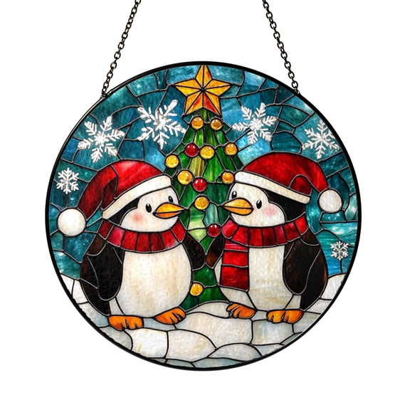 Penguin Couple Stained Glass Style Suncatcher Window Hanging, Decorative Penguin Pair Glass Style Art Panel with Romantic Scene Design, Cute Animal Window Decor Ornament Gift for Couples