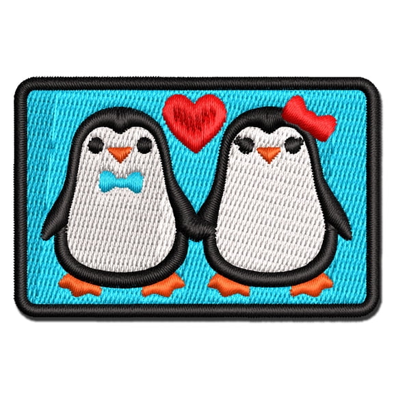 Penguin Couple in Love Anniversary Applique Multi-Color Embroidered Hook & Loop Patch - 3 Inch Medium