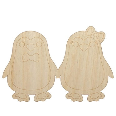 Penguin Couple in Love Anniversary Wood Shape Unfinished Piece Cutout Craft DIY Projects - 4.70 Inch Size - 1/8 Inch Thick