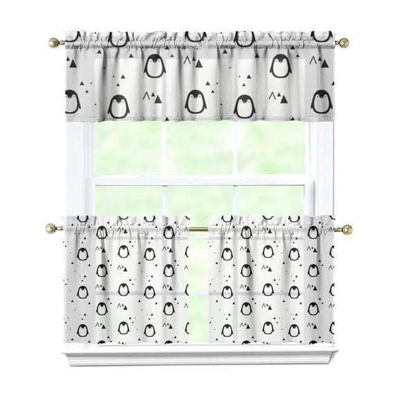 Penguin Decor Kitchen Curtains Set of 3 - Cartoon Emperor Print Farmhouse Rod Pocket Short Curtains (White) for Bathroom/Laundry Room, Machine Washable