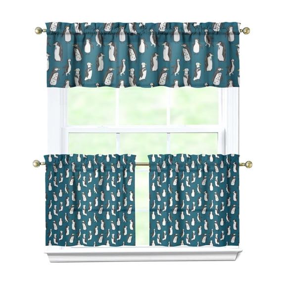 Penguin Decor Kitchen Curtains Set of 3 - Cartoon Emperor Print Farmhouse Rod Pocket Short Curtains (White) for Bathroom/Laundry Room, Machine Washable