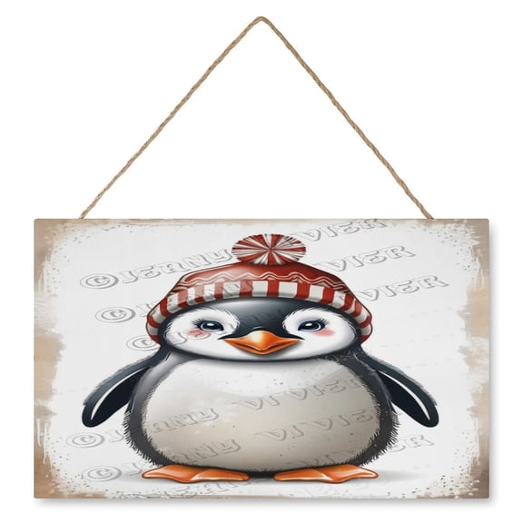 Penguin Decorative Wood Hanging Wood Plaque, Rustic Door Sign, Wall Decor Art, Housewarming Gift 10x16 IN