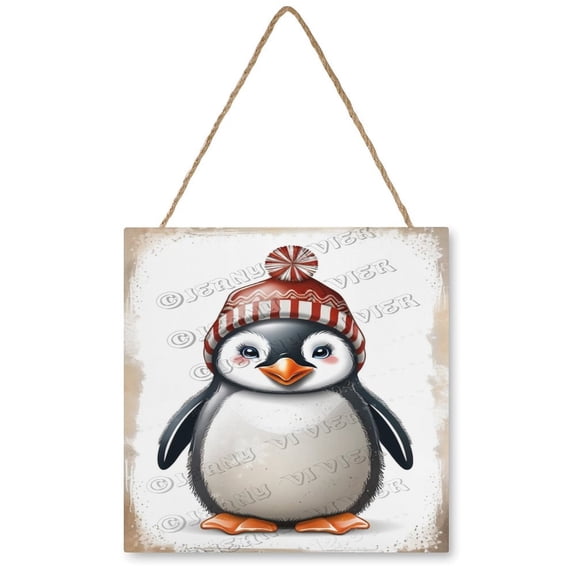 Penguin Decorative Wood Hanging Wood Plaque, Rustic Door Sign, Wall Decor Art, Housewarming Gift 12x12 inches