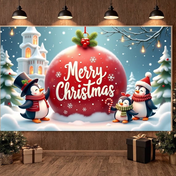 Penguin Design Merry Christmas Banner Red Theme Christmas Display Snowflake Pattern Festive Holiday Backdrop for Christmas Party Indoor Celebration Family Gathering