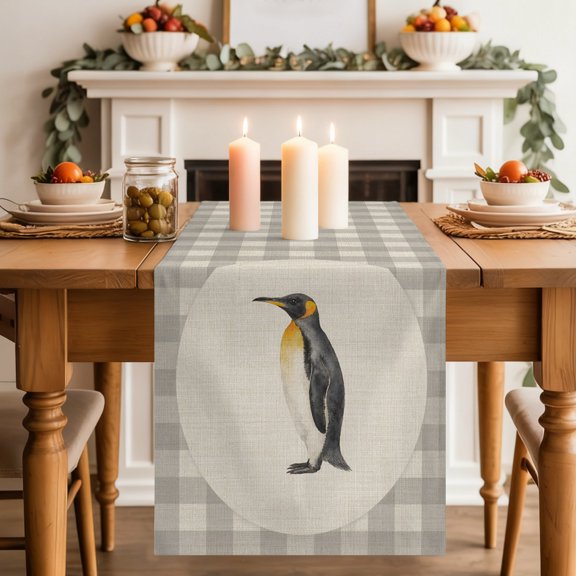Penguin Dining Table Runner, Gray Plaid Modern Funny Animal Rustic Washable Table Runners Kitchen Coffee Table Center Decor for Home Party Holiday Wedding 13 x 36 Inches