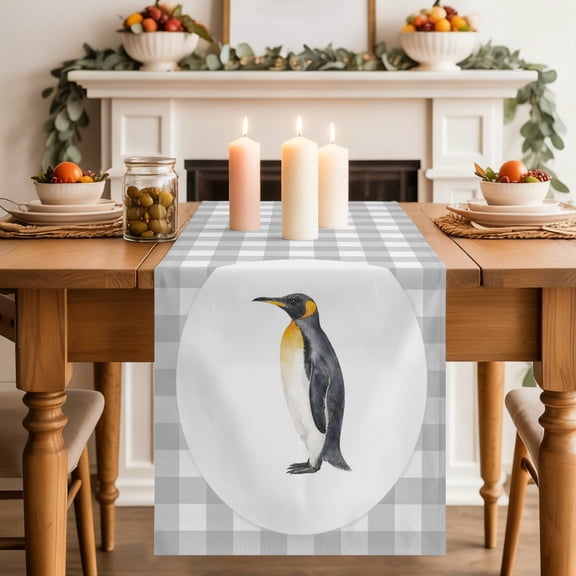 Penguin Dining Table Runner, Gray Plaid Modern Funny Animal Washable Table Runners Kitchen Coffee Table Center Decor for Home Party Holiday Wedding 13 x 36 Inches