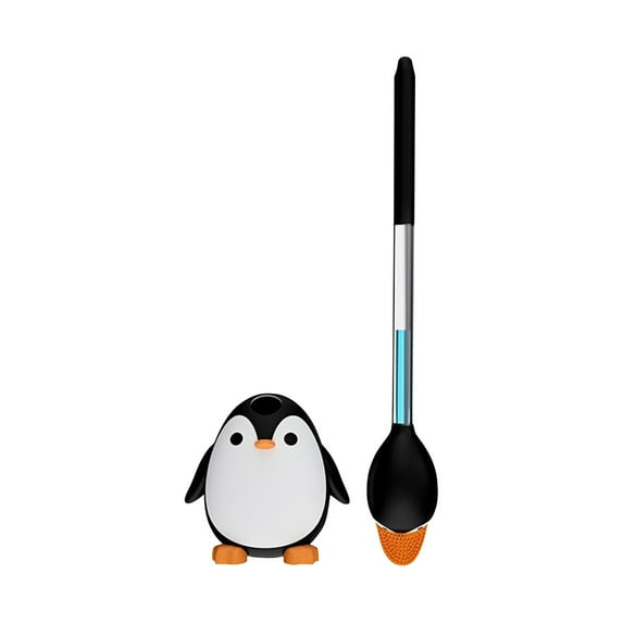 Penguin Dispensed Toilet Brush, Wall Mounted Base with Soft Hair, Flexible Brush for Deep Cleaning, Automatic Gravity Open/Close Storage Seat, Space-Saving Design Black