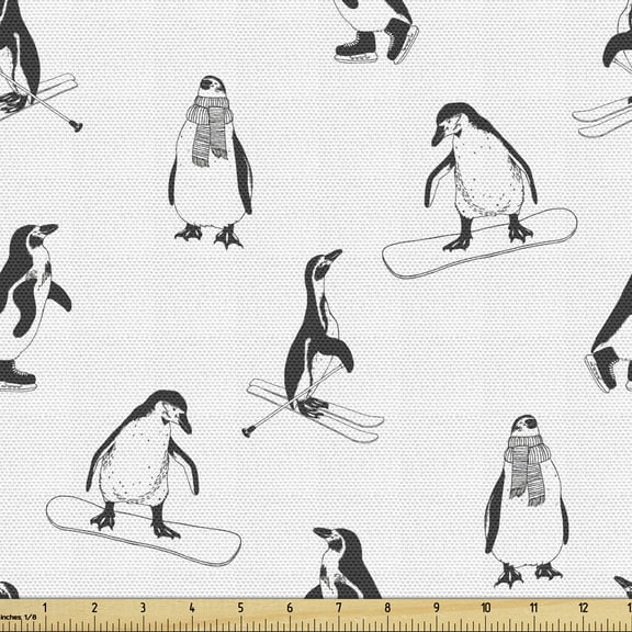 Penguin Fabric by the Yard, Skiing Penguins on Snowboards Winter Sports Themed Pattern Animal Bird with Scarf, Decorative Upholstery Fabric for Sofas Home Accents, 2 Yards, White Black by Ambesonne