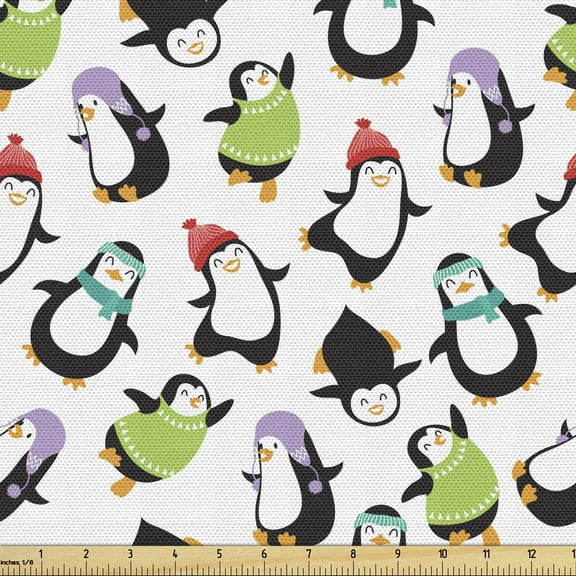 Ambesonne Penguin Fabric by the Yard Upholstery, Happy Funny Animals, 2 Yards, Multicolor