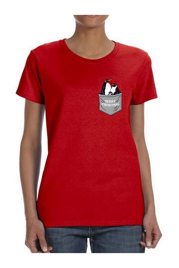 Penguin Family In Pocket Shaped T-Shirt Women -Image by Shutterstock, Female XX-Large