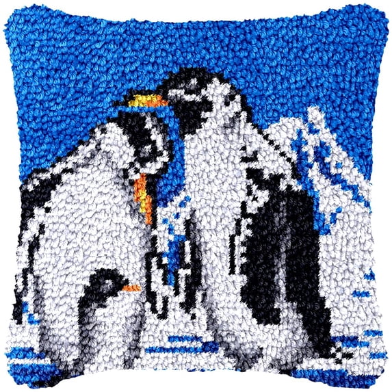 Penguin Family Latch Hook Kits Pillow Cover DIY Rug Making Crochet Hook Cushion Making Kits with Preprinted Pattern Canvas DIY Needlework Crochet Kits Sofa Decor 43x43cm