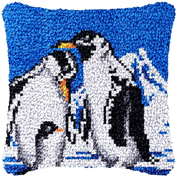 Penguin Family Latch Hook Kits Pillow Cover DIY Rug Making Crochet Hook Cushion Making Kits with Preprinted Pattern Canvas DIY Needlework Crochet Kits Sofa Decor 43x43cm