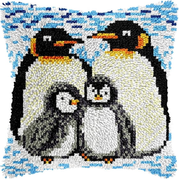 Penguin Family Latch Hook Kits Pillow DIY Rug Crochet Hook Cushion Making Kits with Preprinted Pattern Canvas Instruction Yarns Pillow Cover Easy Starter DIY Crochet Kits 43x43cm de138)
