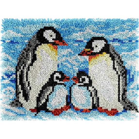 Penguin Family Latch Hook Kits Rug DIY Cushion Tapestry Making Crochet Hook Mat Making Kits Color Preprinted Pattern Canvas DIY Carpet Needlework Crochet Kits 52x38cm (AG11-33)