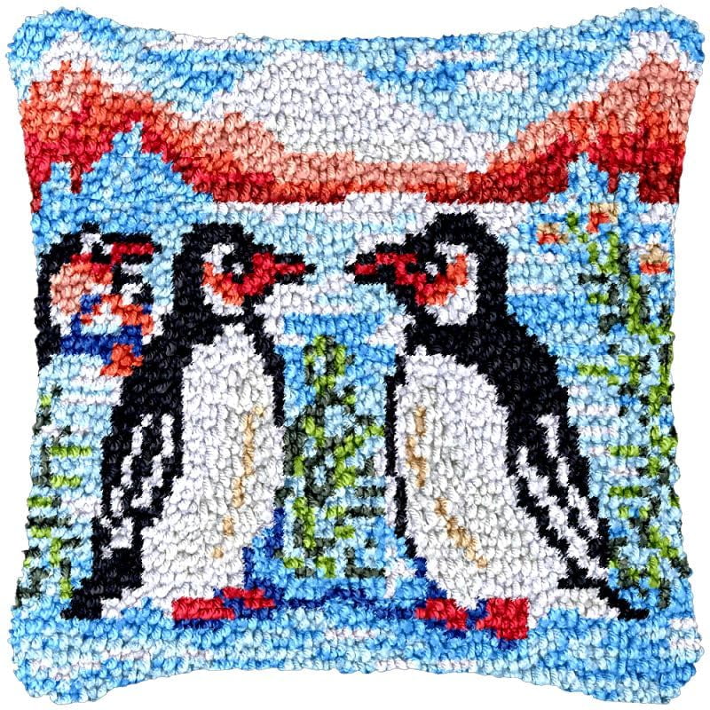 Penguin Family Latch Hook Pillowcase Kits for Adults and Starter DIY Cushion Latch Hooking Make Rug Kits with Preprinted Canvas Crochet Yarn Kits Needlework Crafts 17'' X 17''