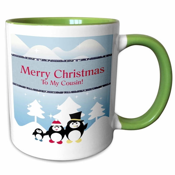 3drose, Penguin Family on a Winters Day, Merry Christmas, Cousin, 11oz Two-tone Green Mug